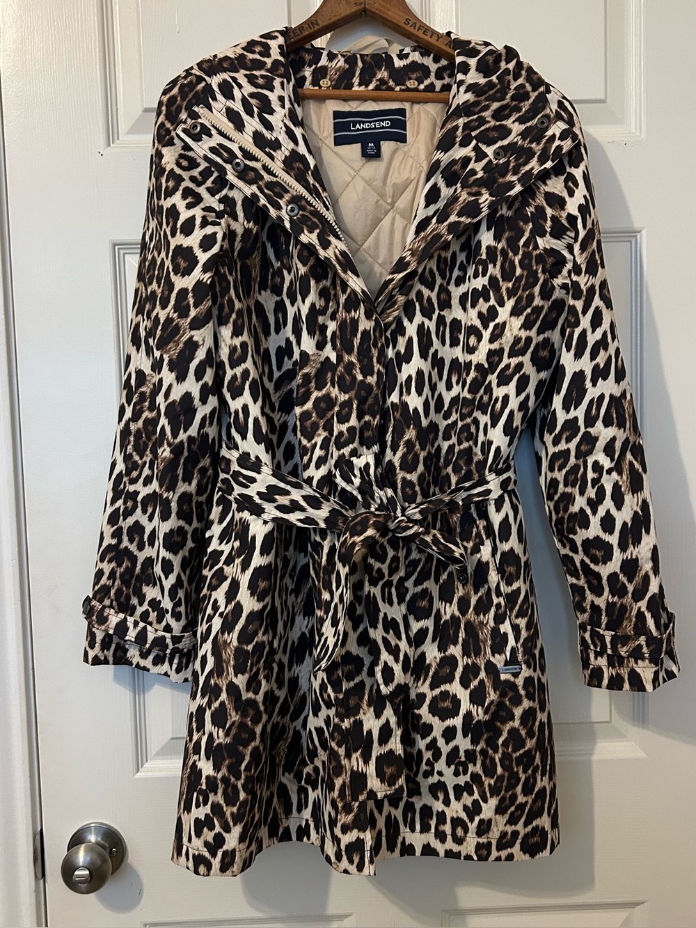 Land’s End hooded lined leopard rain jacket with button/zip closure